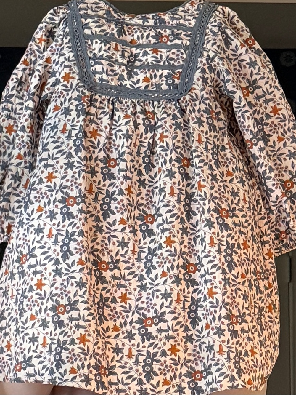 Zara Floral Long-Sleeve Dress in White, Blue, and Brown